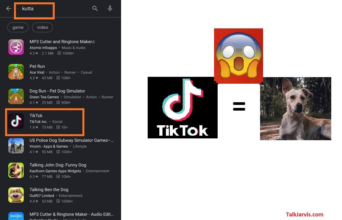 why tiktok is showing in the search result of Kutta on play store
