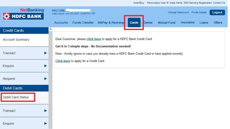 HDFC Debit Card Status Netbanking