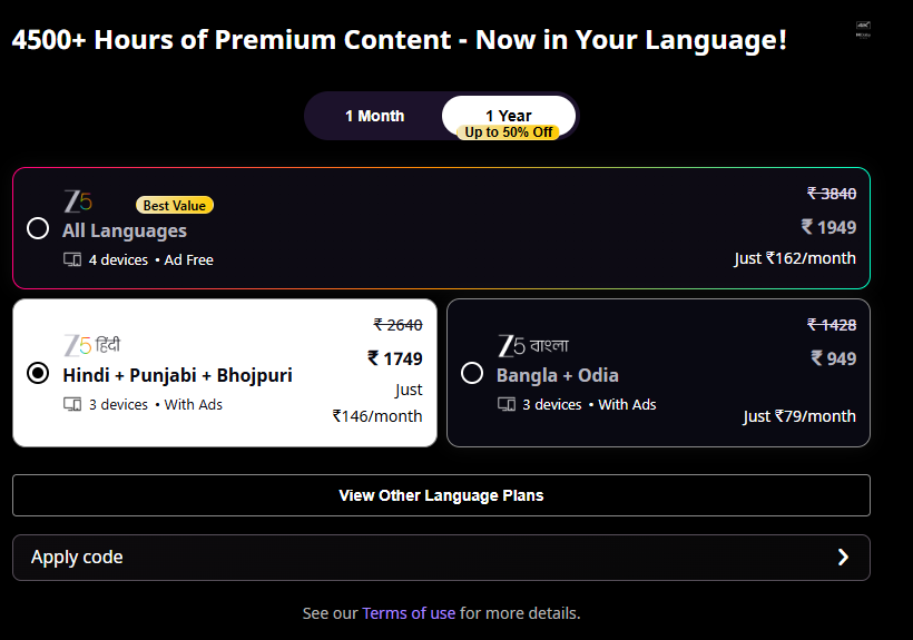 ZEE5 Premium Plans